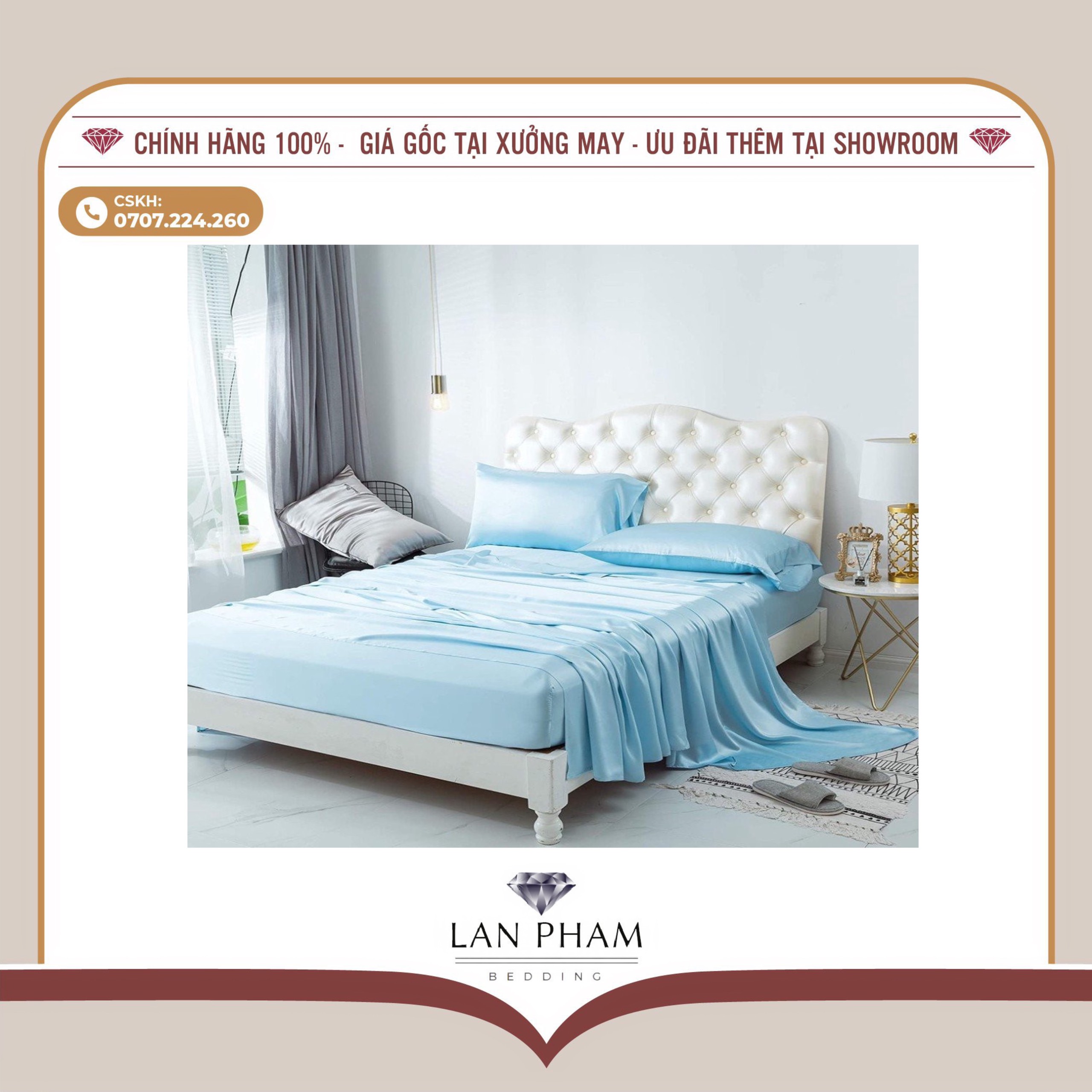 BỘ GA GIƯỜNG DRAP GỐI PHI LỤA MÀU XANH DA TRỜI CAO CẤP LAN BEDDING