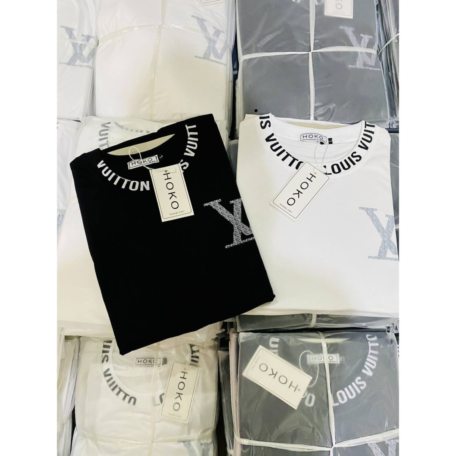 Áo thun nam nữ cổ tròn tay ngắn phối dây cổ in logo LV áo chất cotton thoáng mát thời trang hè hot trend