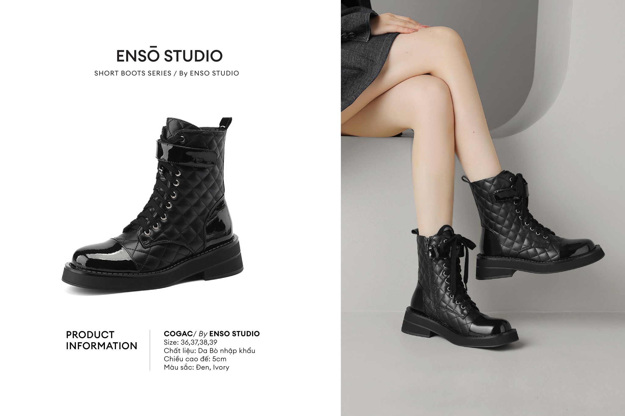 ENSo - Boots Da Thật Màu Trắng Mix Đen COGAC Đế Cao 5 cm