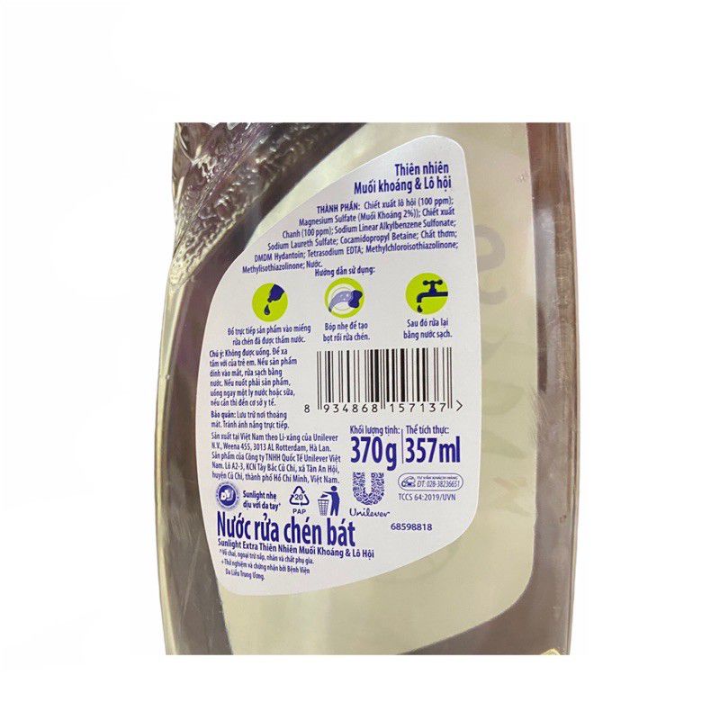 Chai Nước rửa chén Sunlight 370ml Siêu Sạch