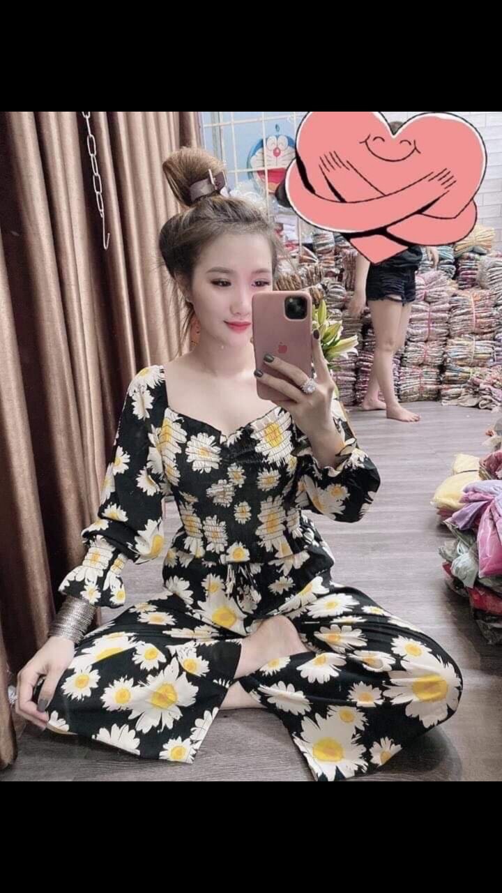 Sét Bộ Hot Trend Voan Lụa Dày Dặn In hoa Cúc Bự Thân Nhún Nữ Tính TTSA0618