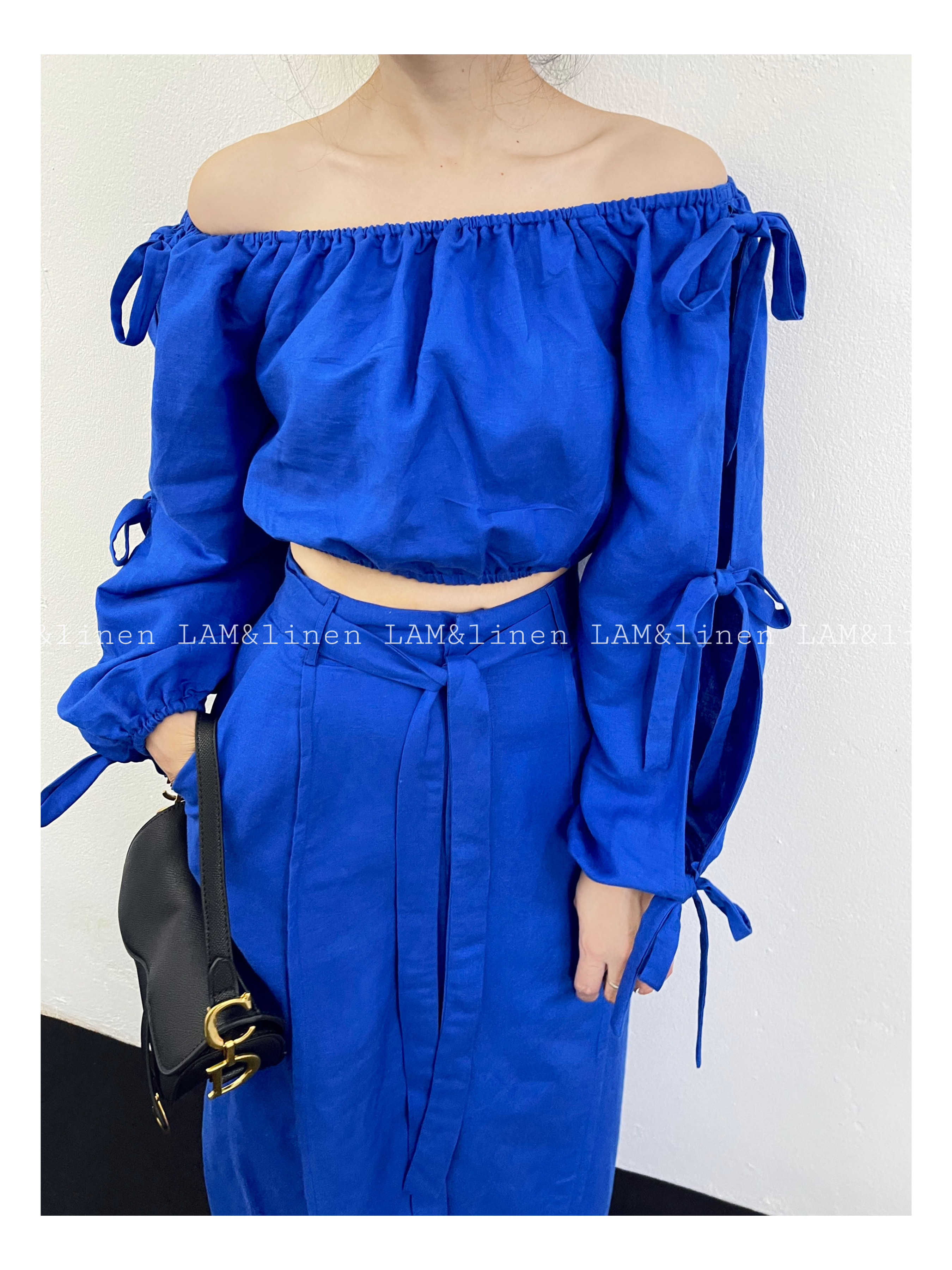 Áo kiểu trễ vai thắt nơ  Linen