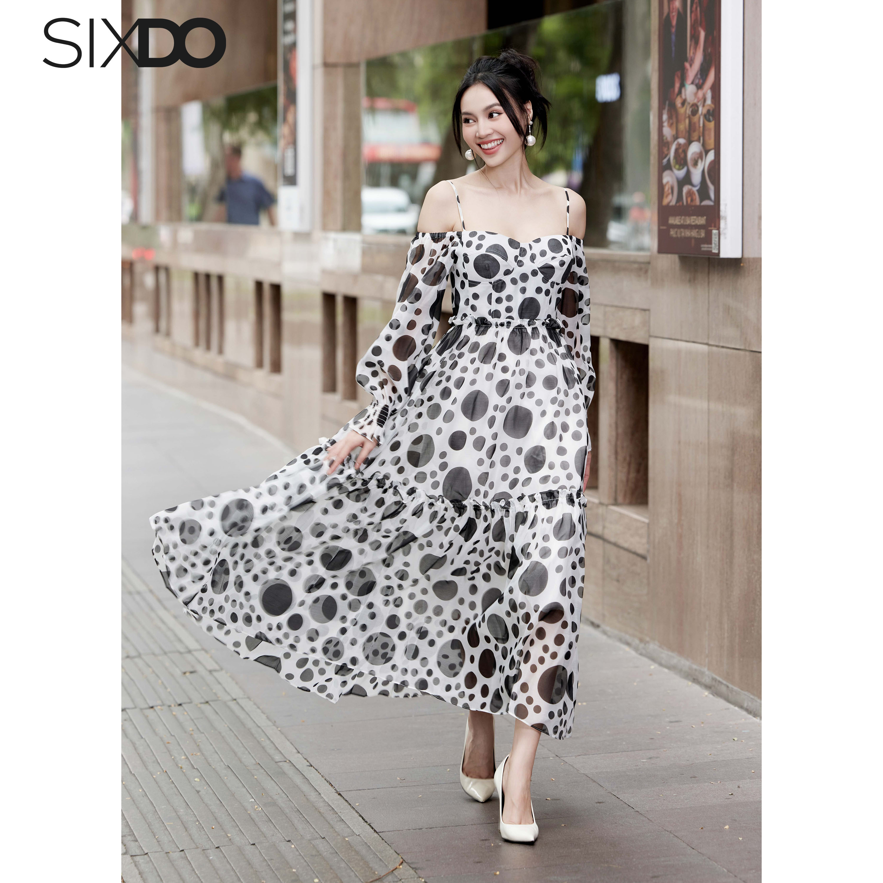 Đầm chấm bi trễ vai dài tay SIXDO (White Polka Dots Midi Dress)