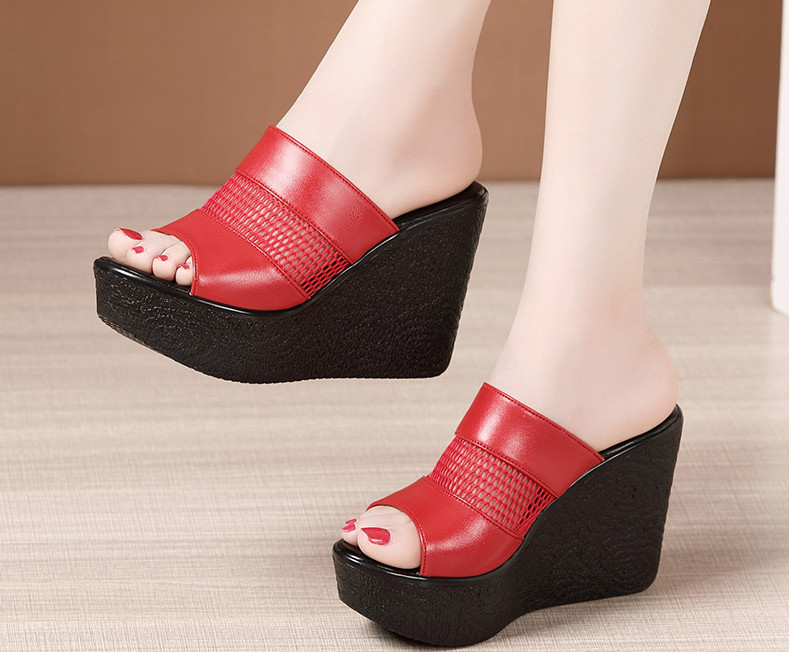 Dép đế xuồng 10f quai da phối lưới