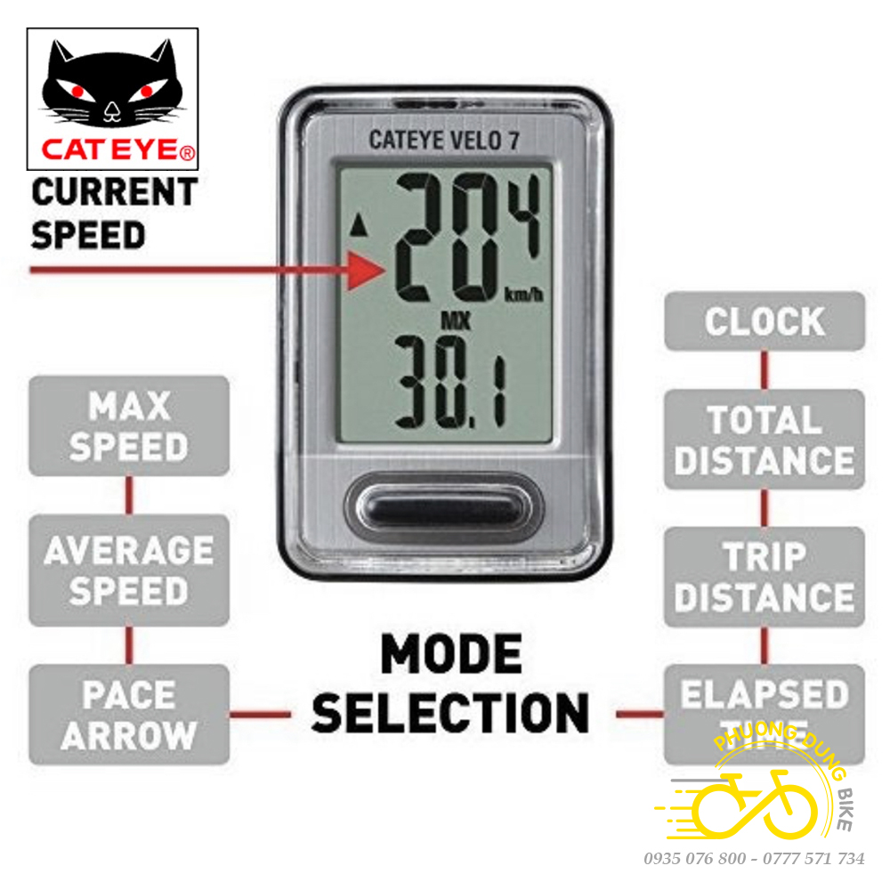 Đồng hồ đo tốc độ xe đạp có dây CATEYE VELO 7 CC-VL520