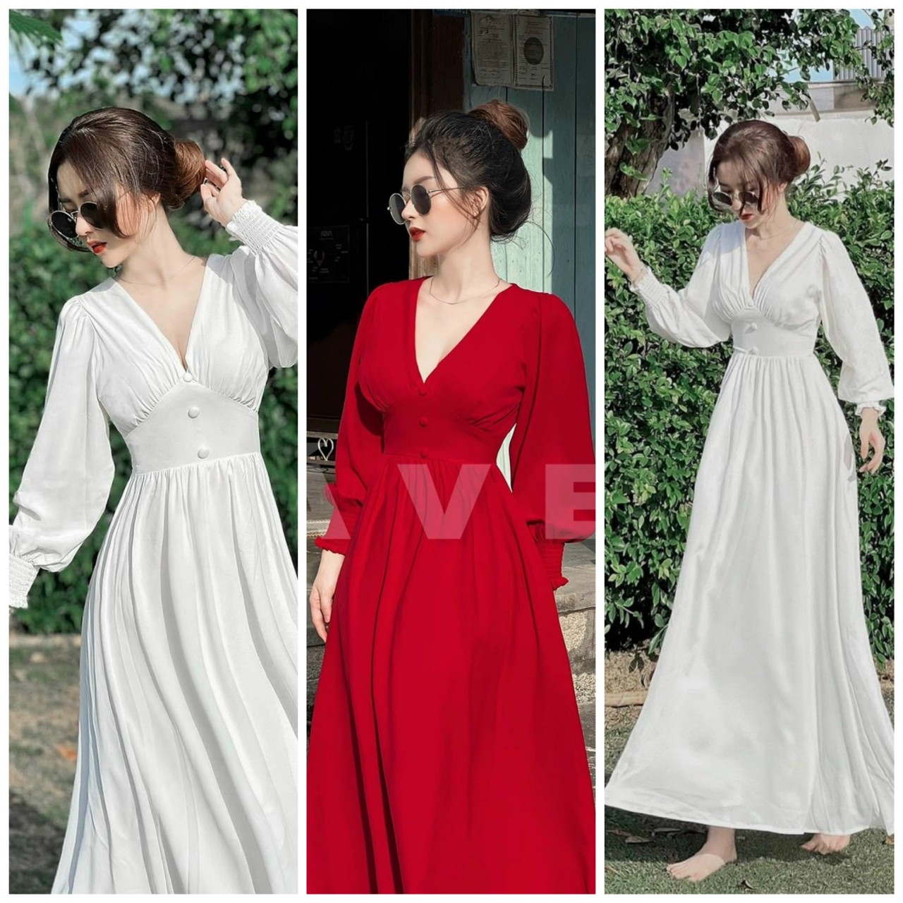 đầm maxi nút bọc có mút , cổ v dáng xòe sang trọng