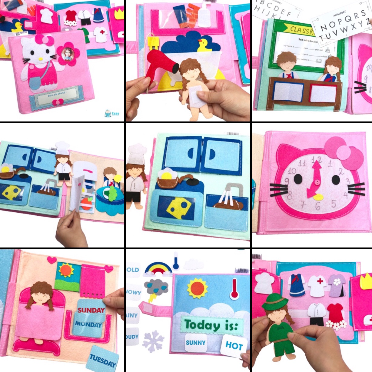 Bộ nguyên liệu làm sách vải về hoạt động trong ngày của bé