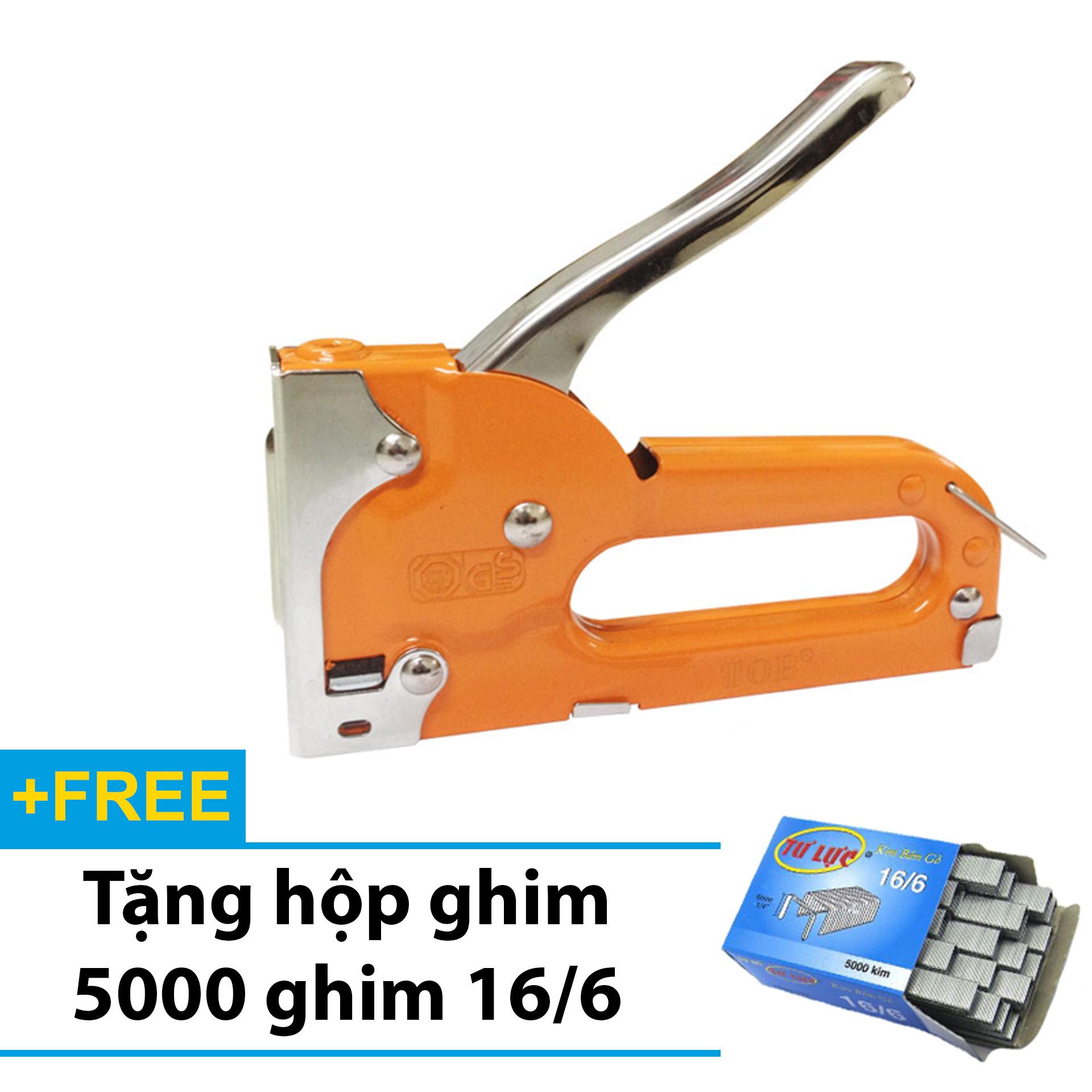 Súng bắn ghim - Kìm bấm ghim TOP cầm tay đa năng, tiện dụng - Tặng 5000 ghim 16/6 - Kềm bắn ghim gỗ chuyên dụng (Cam)