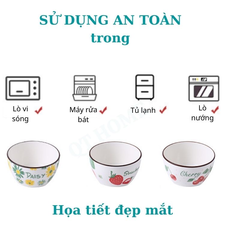 [HCM]Chén Bát Ăn Cơm Bằng Sứ Hình Hoa Cúc Dâu Tây Cherry