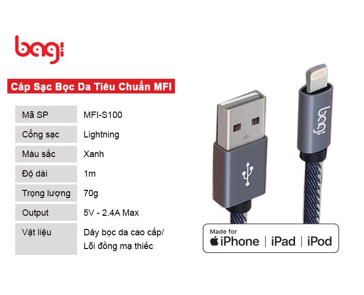 Cáp Sạc Lightning Bagi Bọc Da Tiêu Chuẩn MFI