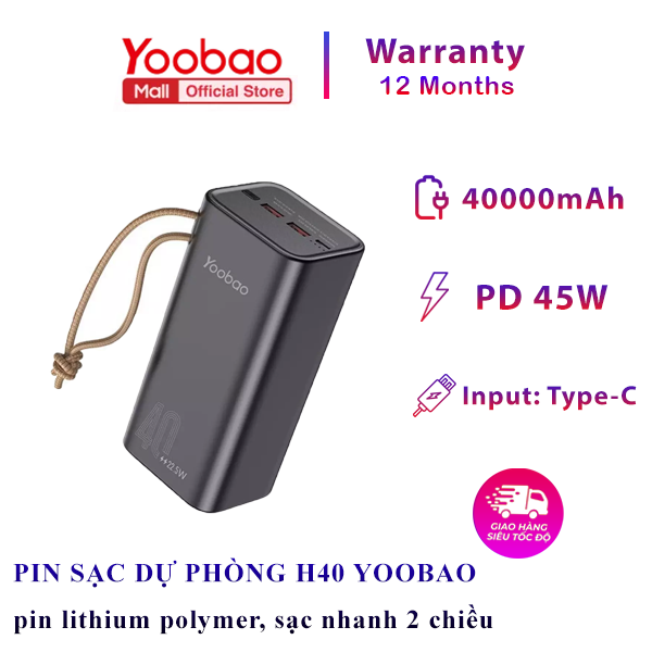 Pin sạc dự phòng Yoobao H40 - Công suất 45W- Dung lượng 40000mah- Sạc nhanh cho điện thoại , macbook, laptop - Bảo hành 12 tháng - Lỗi 1 đổi 1