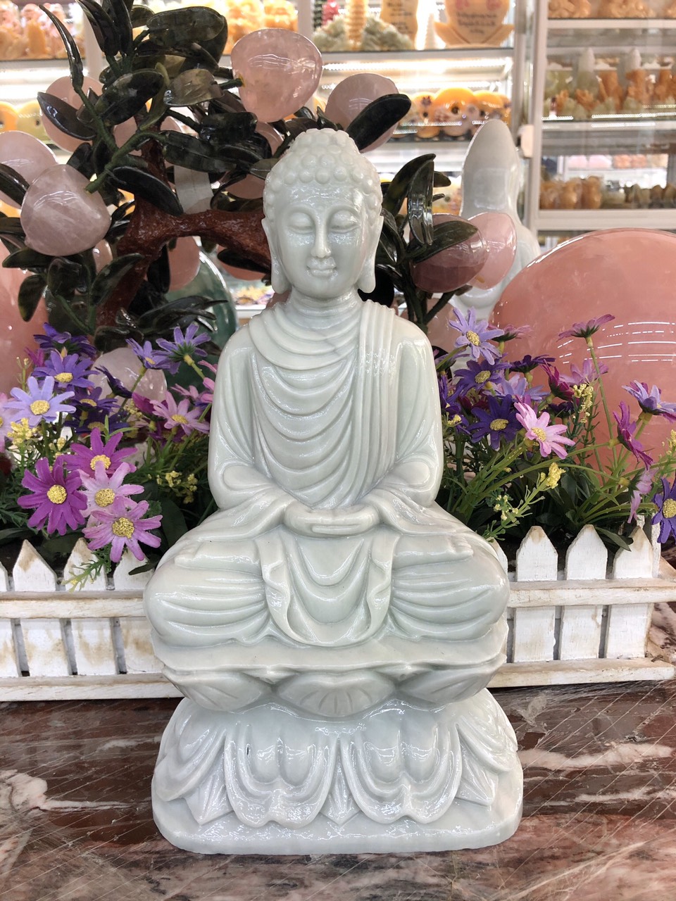 Tượng Phật Thích Ca ngồi đài sen đá cẩm thạch trắng xanh - Cao 30 cm