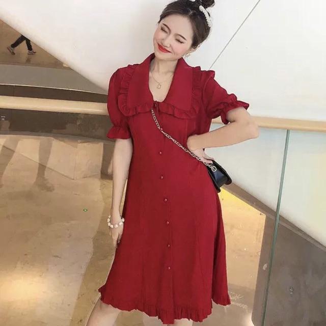 [HCM]Đầm đỏ suông cổ bèo nút bọc