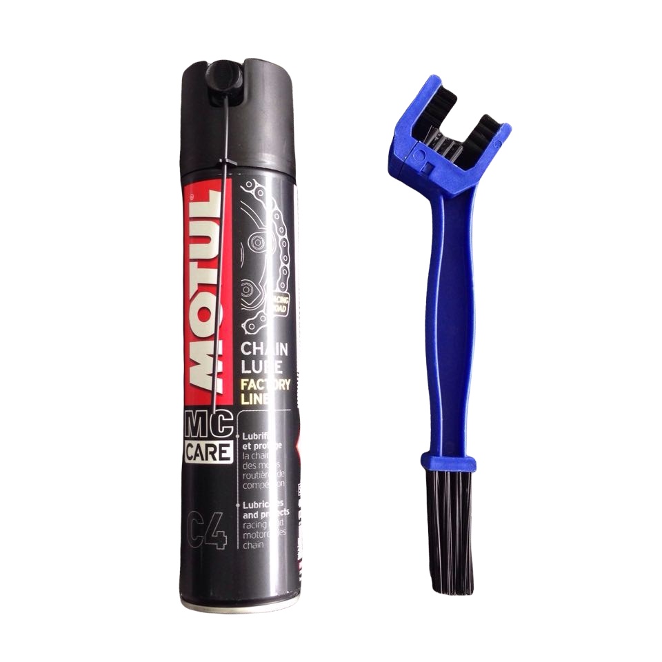 Combo chai xịt sên motul chain lube factory line racing road c4 400ml & cây chà sên