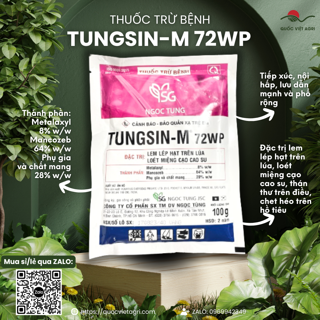 Thuốc trừ bệnh TUNGSIN-M 72WP (gói 100g) - Metalaxyl 8%w/w + Mancozeb 64%w/w Trị lem lép hạt trên lúa, Loét miệng cạo cao su