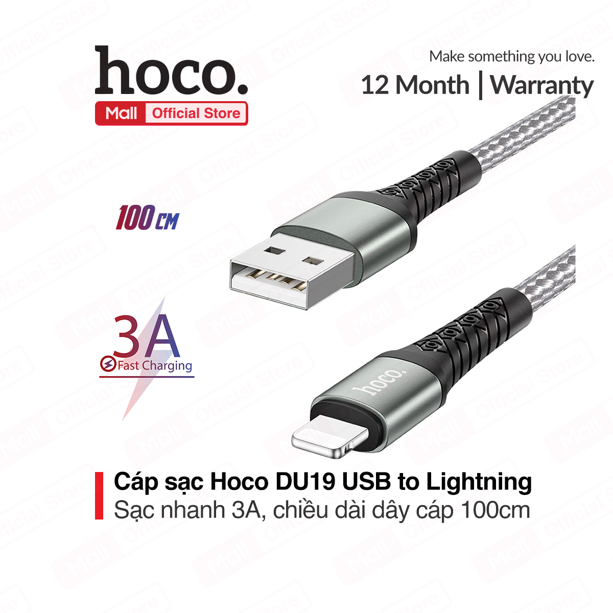 Cáp sạc nhanh 3A Hoco DU19 USB to Lightning dây dù siêu bền dài 100cm cho dòng iphone/ipad