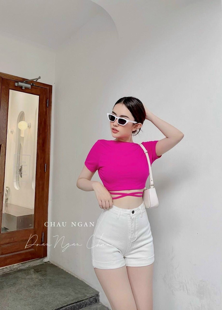 Áo croptop cổ tròn dây đan eo