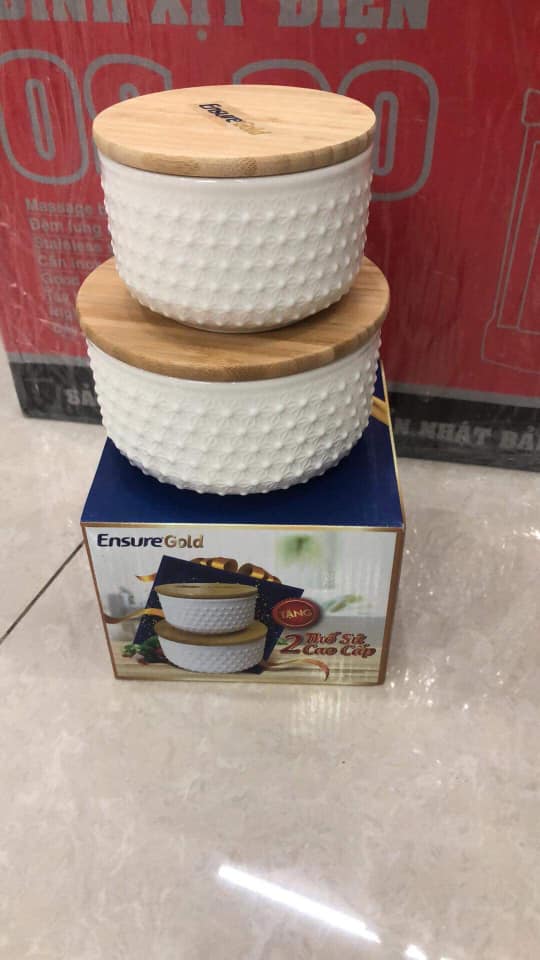 Bộ 2 thố sứ có nắp gỗ chống tràn