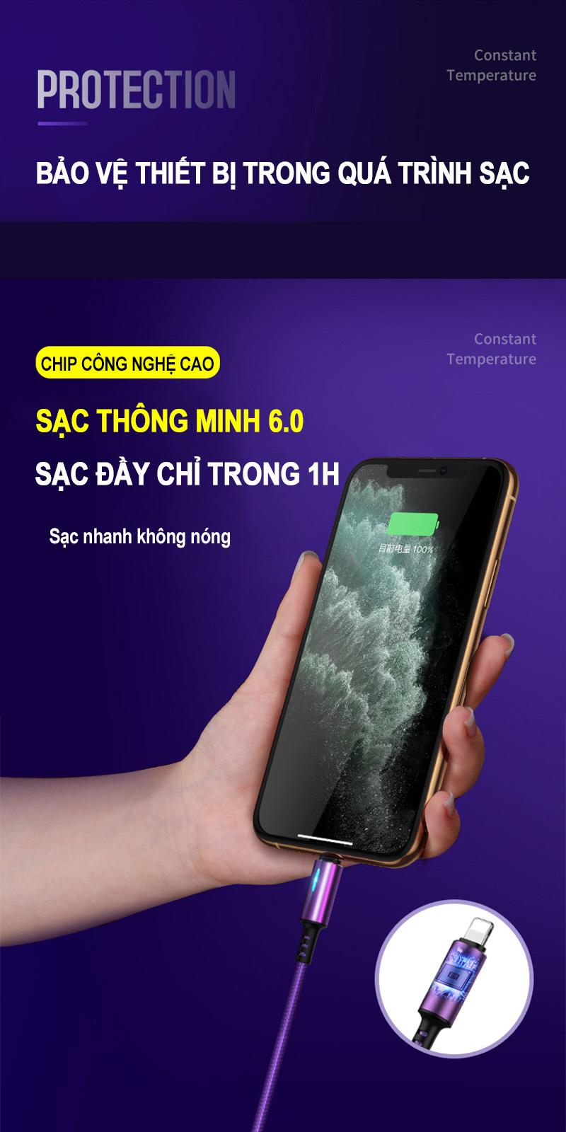 Cáp sạc iphone/Android sạc nhanh, hiển thị đèn LED dây dù siêu bền