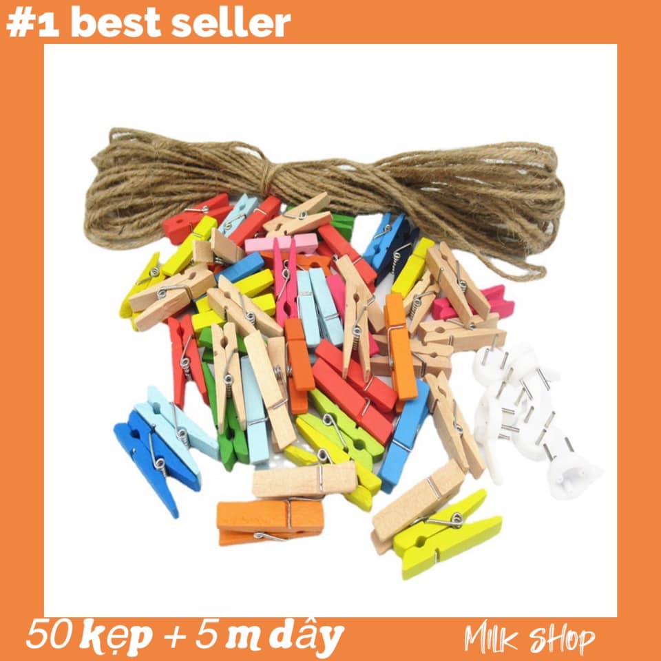 Combo 50 kẹp gỗ màu + 5m dây cói treo ảnh