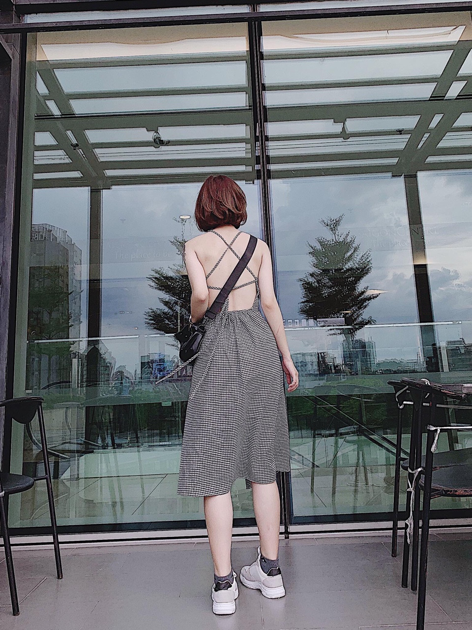 Đầm kate caro hai dây hở lưng sành điệu TTSA0209