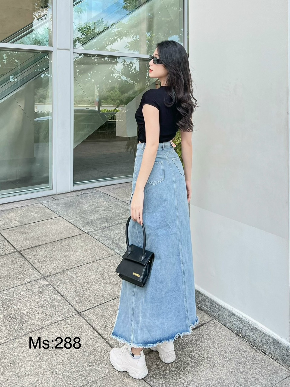 Chân váy jeans dài xẻ tà siêu xinh cw