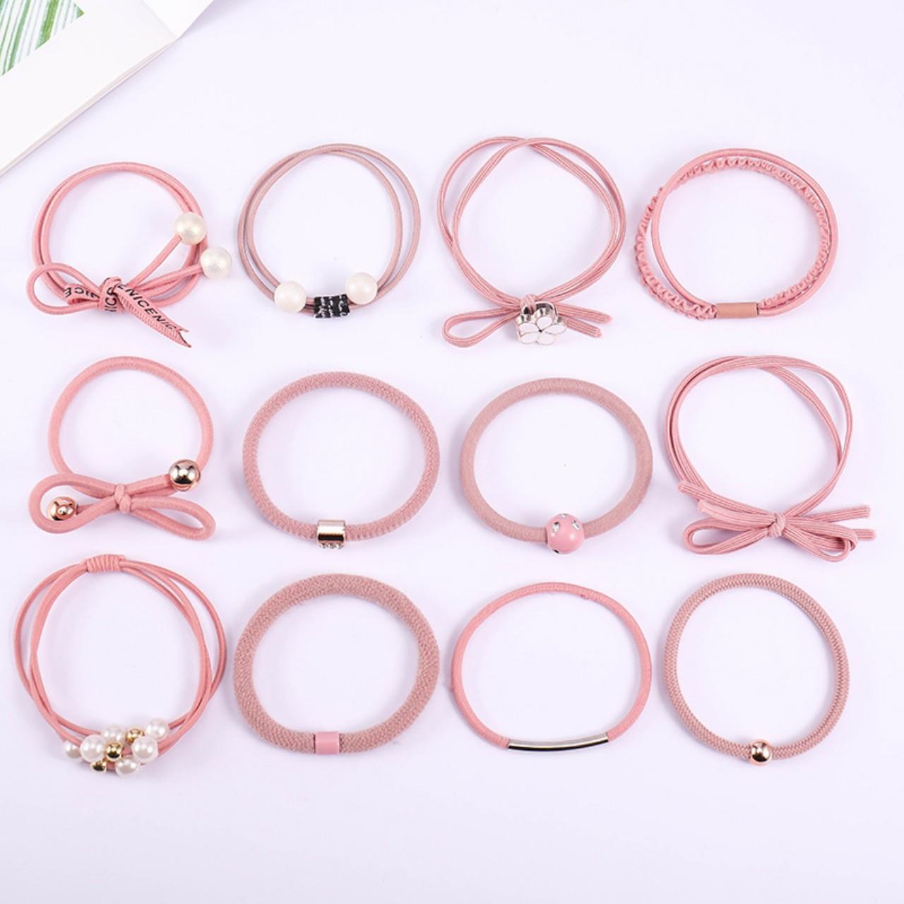 Bộ 12 thun cột tóc Hàn Quốc siêu cute (Hồng nhạt - Gồm Hộp)