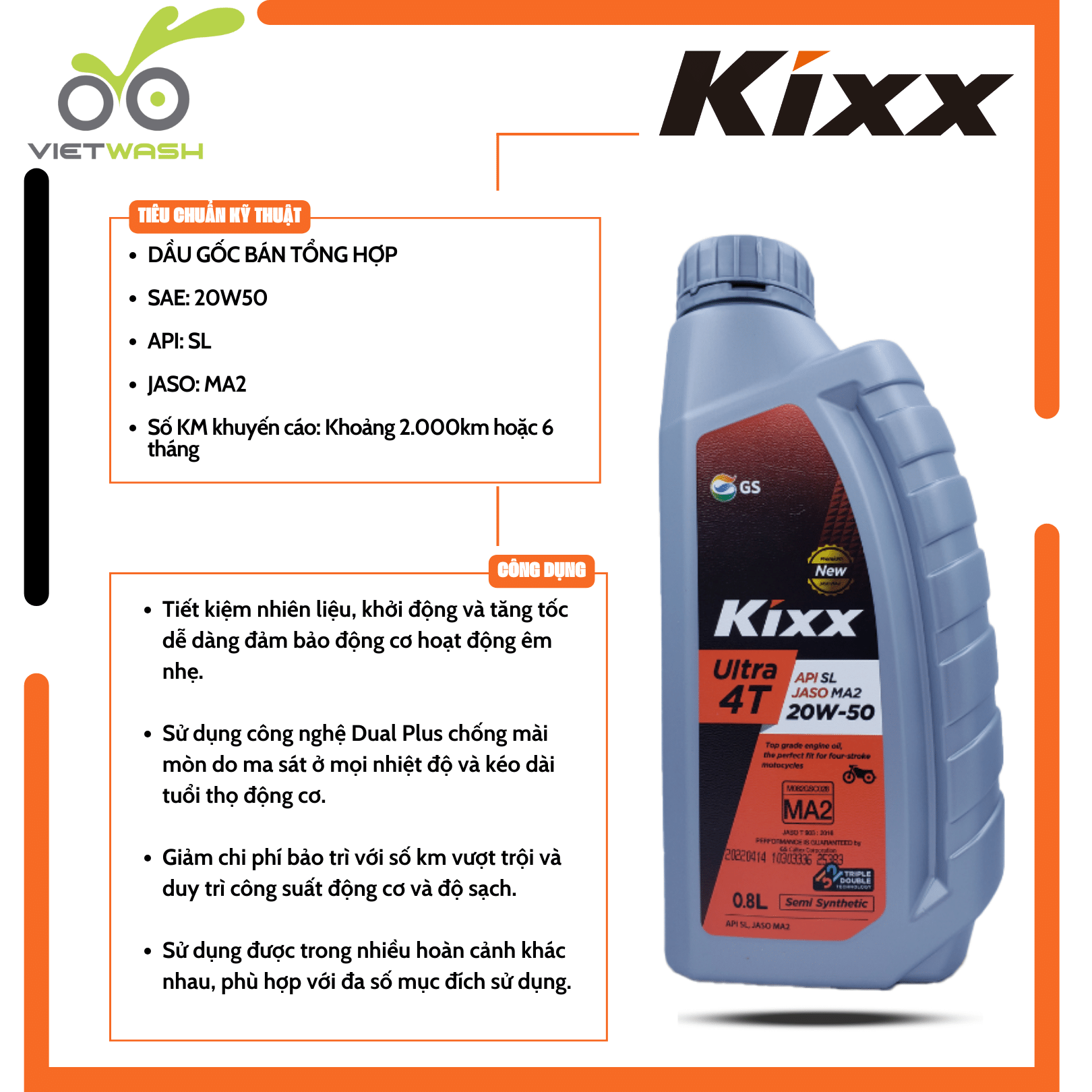 [KIXX] Nhớt xe số Kixx Ultra 4T 20W50 API SL 800ml [MIỄN PHÍ CÔNG THAY NHỚT]
