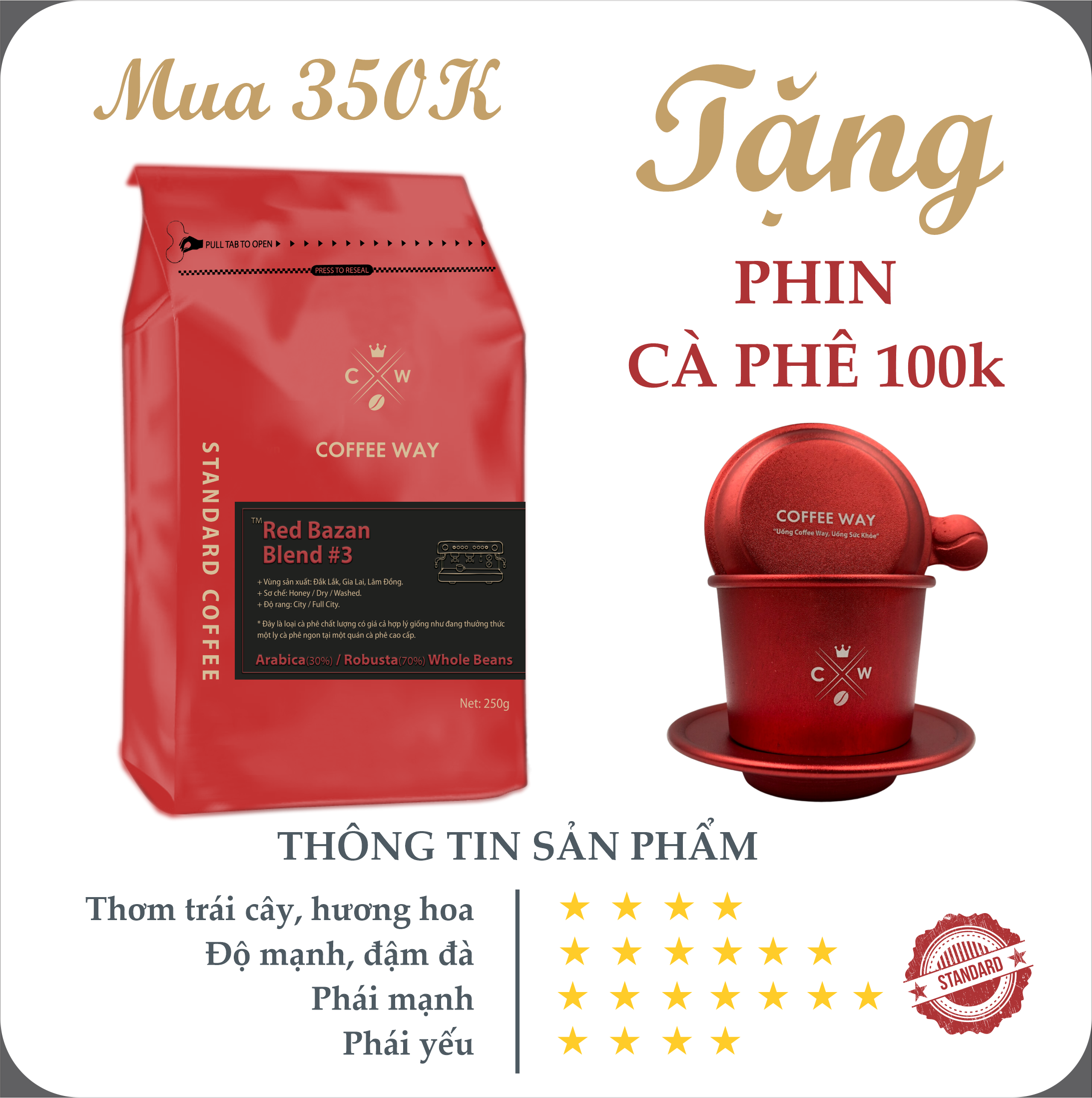 Cà phê nguyên chất Robusta và Arabica Đất đỏ Bazan - Coffee Way - Red Bazan Blend #3.