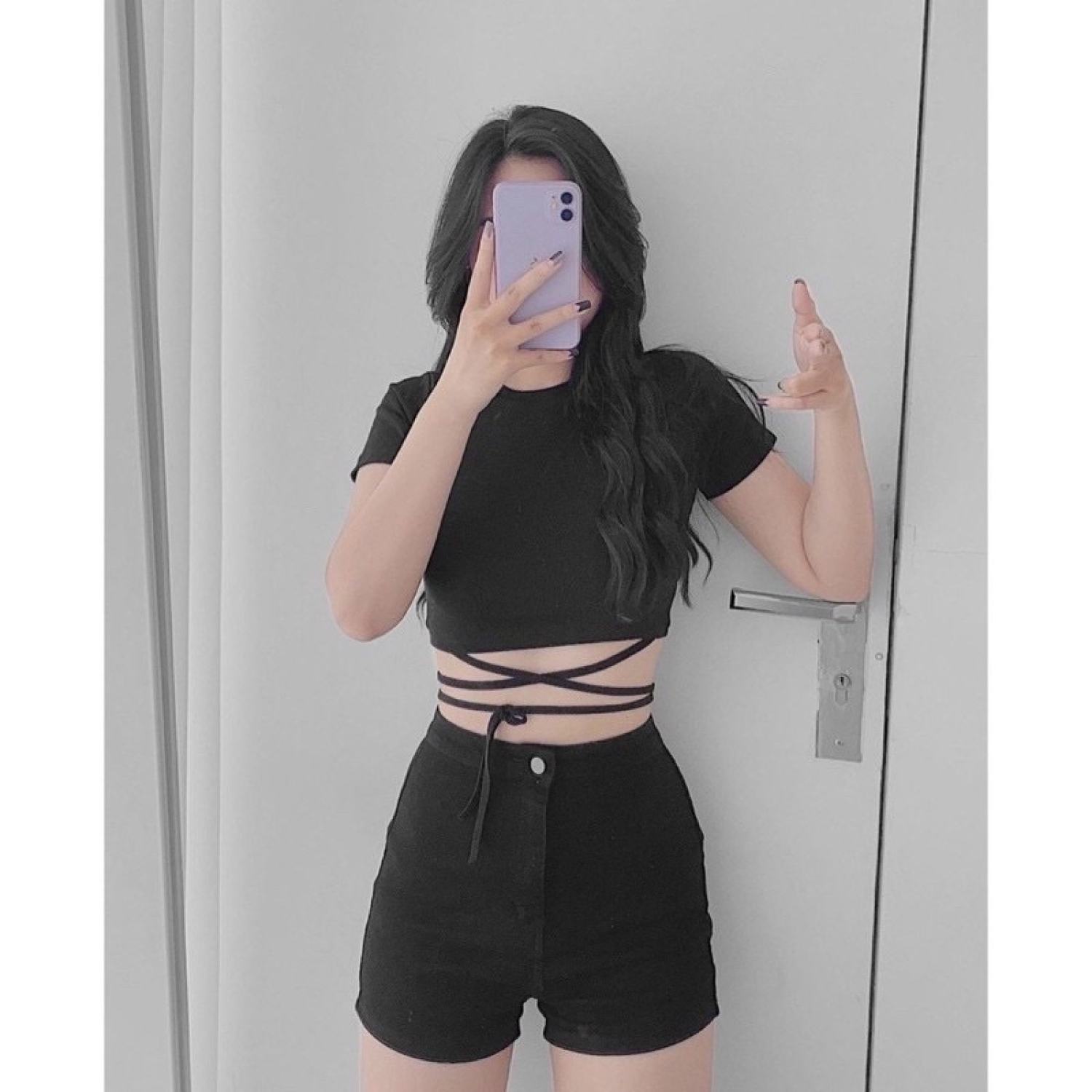 Áo croptop đan dây eo chất thun tăm phong cách hQ
