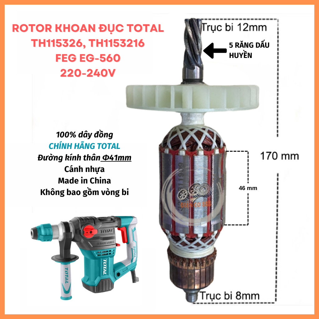 (Chính hãng) Rotor khoan đục FEG EG-560 và Total TH115326, TH1153216 220V - Tặng chổi than