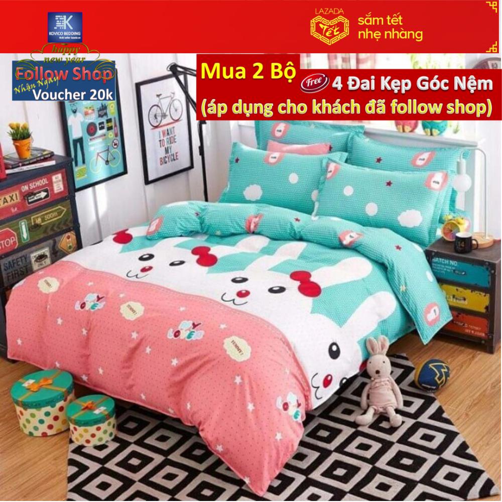 (FreeShip MAX) Bộ chăn ga gối poly thỏ trắng 1m6x2m