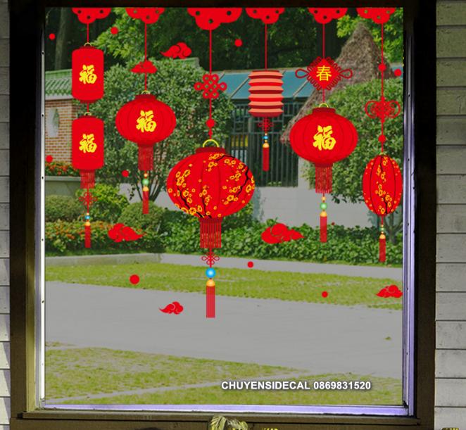 [HCM]Decal trang trí Tết - Lồng đèn hoa sắc đỏ