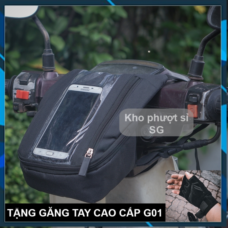 COMBO túi treo đầu xe máy chiều đứng đựng điện thoại cảm ứng kèm găng tay SWAT G01 cụt ngón - Túi grab dọc treo đầu xe máy đựng điện thoại cảm ứng được