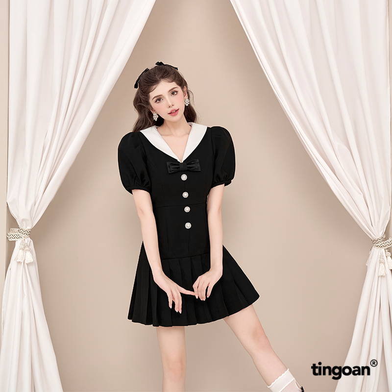 Tingoan® - váy phối cổ v đính nơ xếp ly dưới marie ana dress/bl