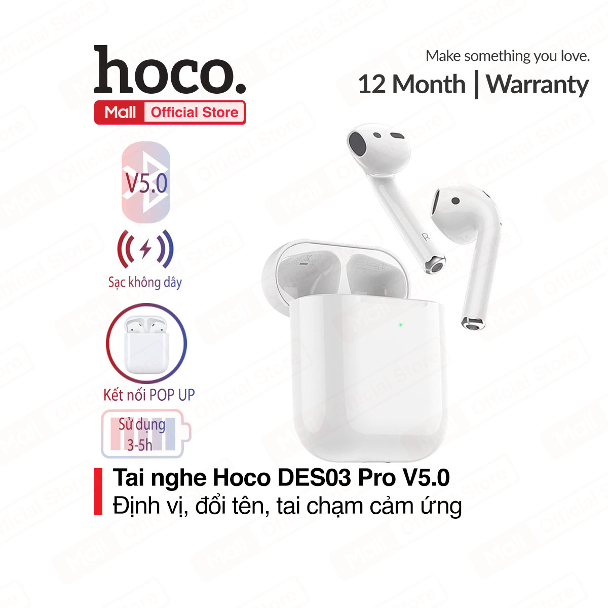 Tai nghe bluetooth V5.0 Hoco DES03 Pro sử dụng 3-5h, định vị, đổi tên, kết nối POP UP, có tính năng chạm cảm ứng ở tai nghe