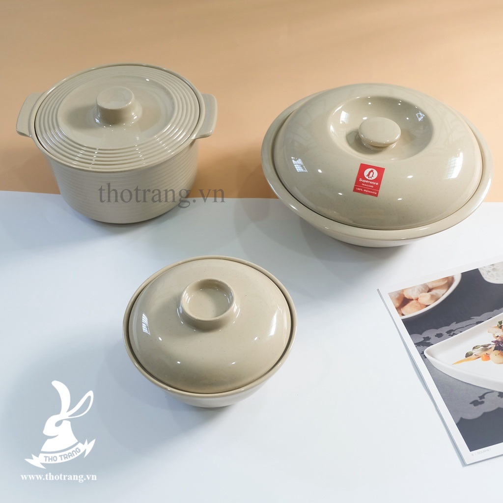 Thố cơm thố canh có nắp (xanh-đen-trắng-nâu) melamine Superware Thái Lan