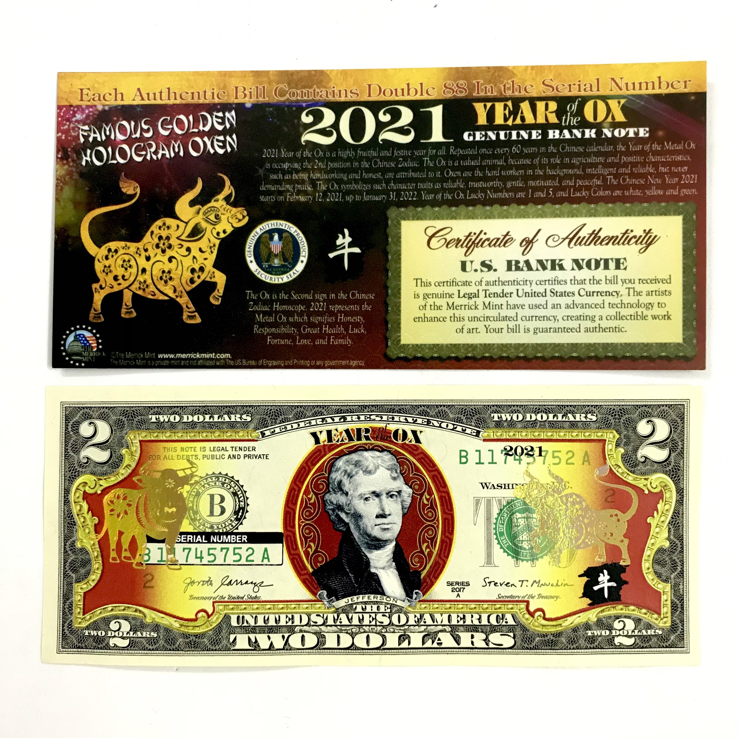 [HCM]Tiền 2 USD Hình Con Trâu Mạ Vàng 2021 Màu: xanh 15x6.5 (Dài x Rộng)-TMT Collection - SP005054