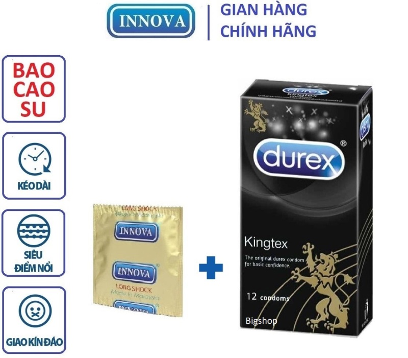 Hộp bao cao su ôm khít chống tuột 49mm DurexKingtex 12s tặng 1 chiếc bao cao su Innova kéo dài thời gian