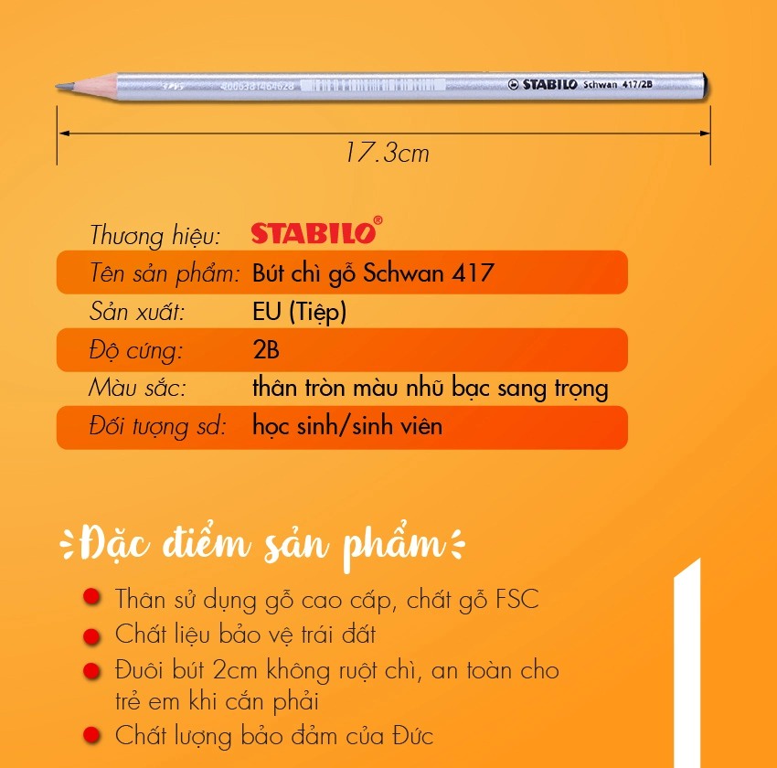 Bút chì gỗ STABILO Schwan PC417S-2B (thân màu bạc)