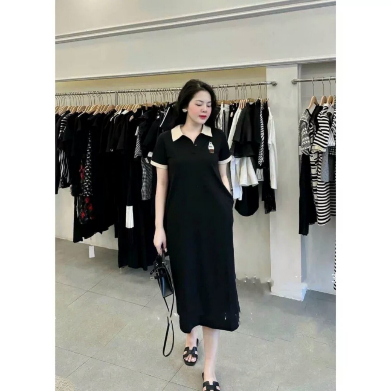 Váy Bầu Đầm Bầu Mùa Hè Cổ Sen Tay Bồng Công Sở Dáng Suông