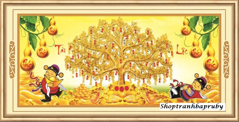 [HCM]Tranh thêu Cây tiền Tài Lộc thần tài cùng thỏi vàng 53586 kích thước 92 x 47 cm