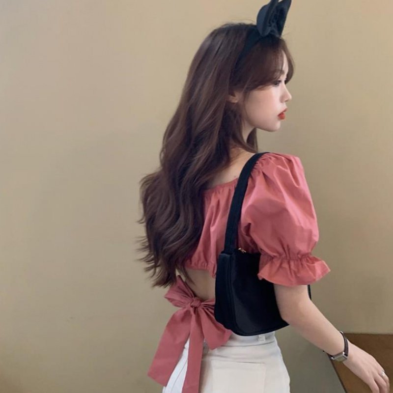 Áo kiểu nữ croptop thắt nơ lưng siêu cute - TT5