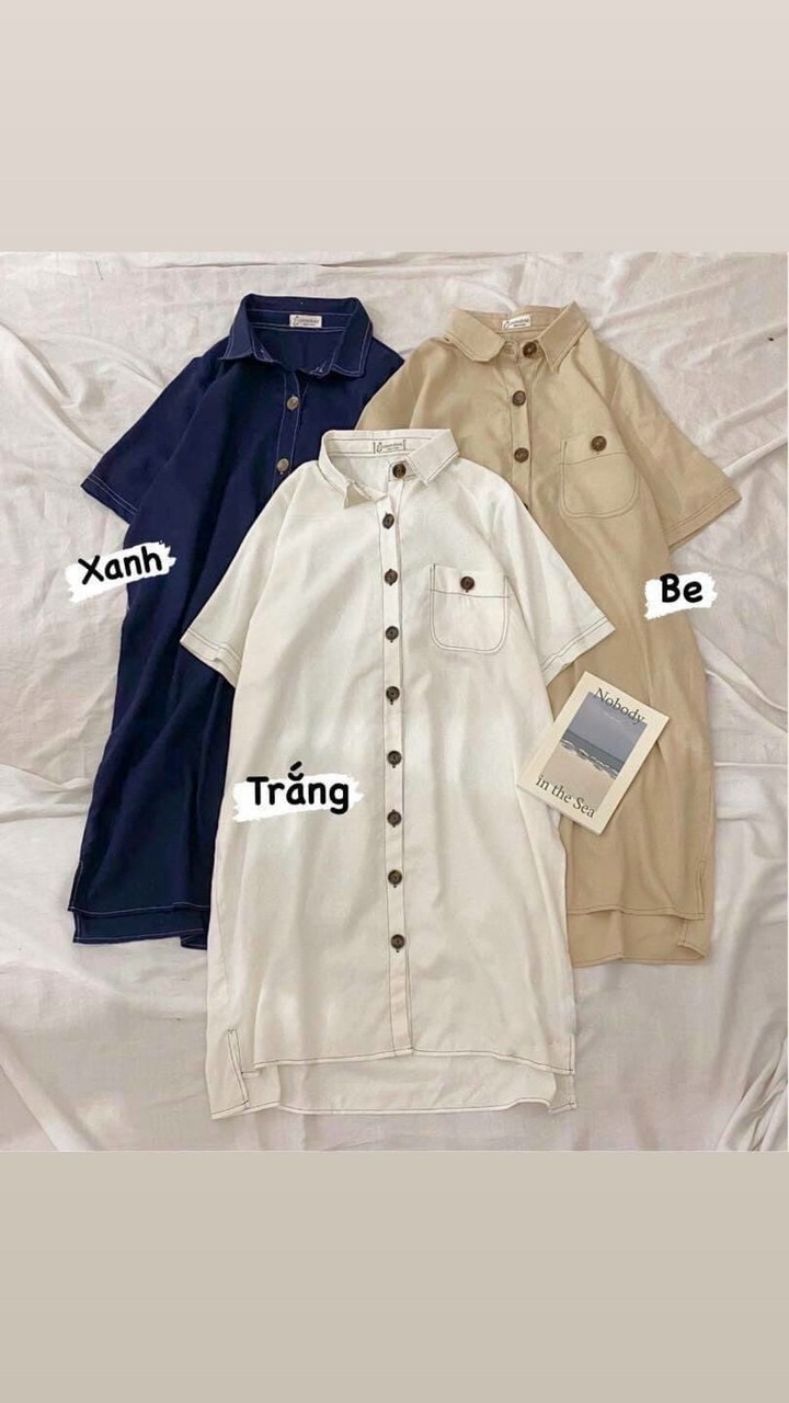 Đầm sơ mi lệch tà viền chỉ 3 màu