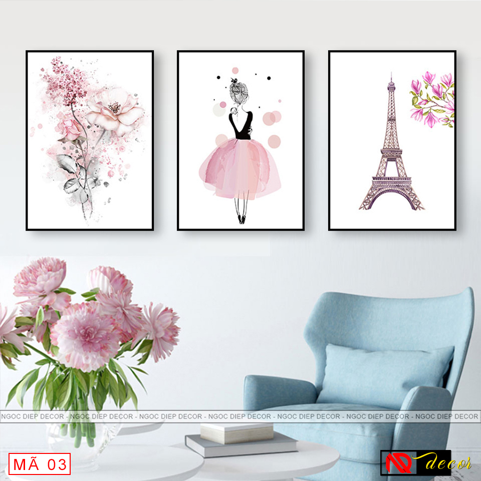 Bộ tranh dán tường 3 bức phong cách hiện đại - Tranh décor Hoa phong cách Bắc Âu kích thước 40x60x3