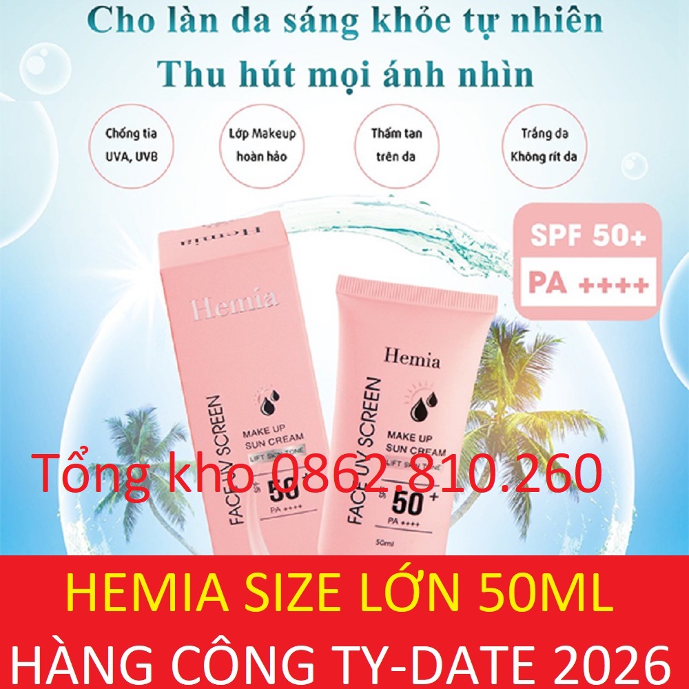 [SALE SỐC] kem chống nắng HEMIA 50ml dưỡng trắng nâng tone SPF50+ tự nhiên, Thấm mướt nhanh, mịn màng Hàn Quốc
