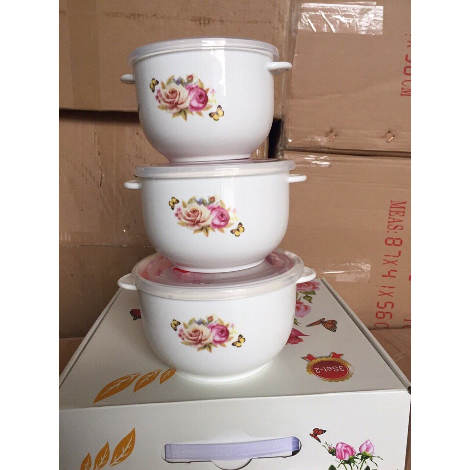 Bộ 3 thố sứ nắp hút chân không (loại có tai)