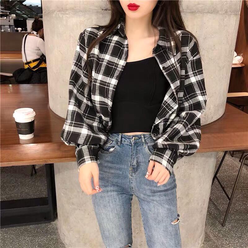 [HCM]Áo sơ mi caro Croptop dài tay -TSS