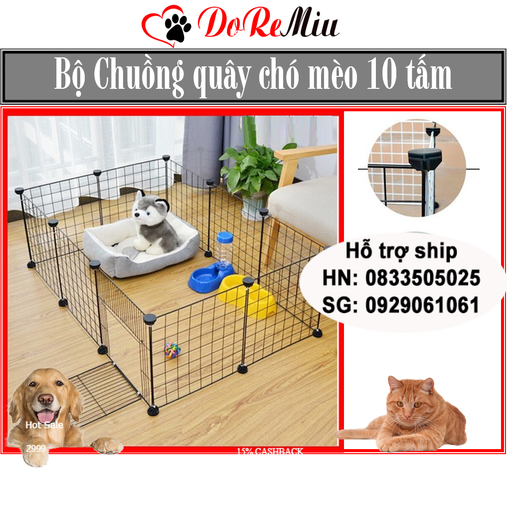 Doremiu- Bộ Chuồng quây chó mèo lắp ghép cao 35cm dài 105m rộng 70cm ( 9 lưới + 1 cửa + chốt + dây rút) chuồng cũi chó / hàng rào chó