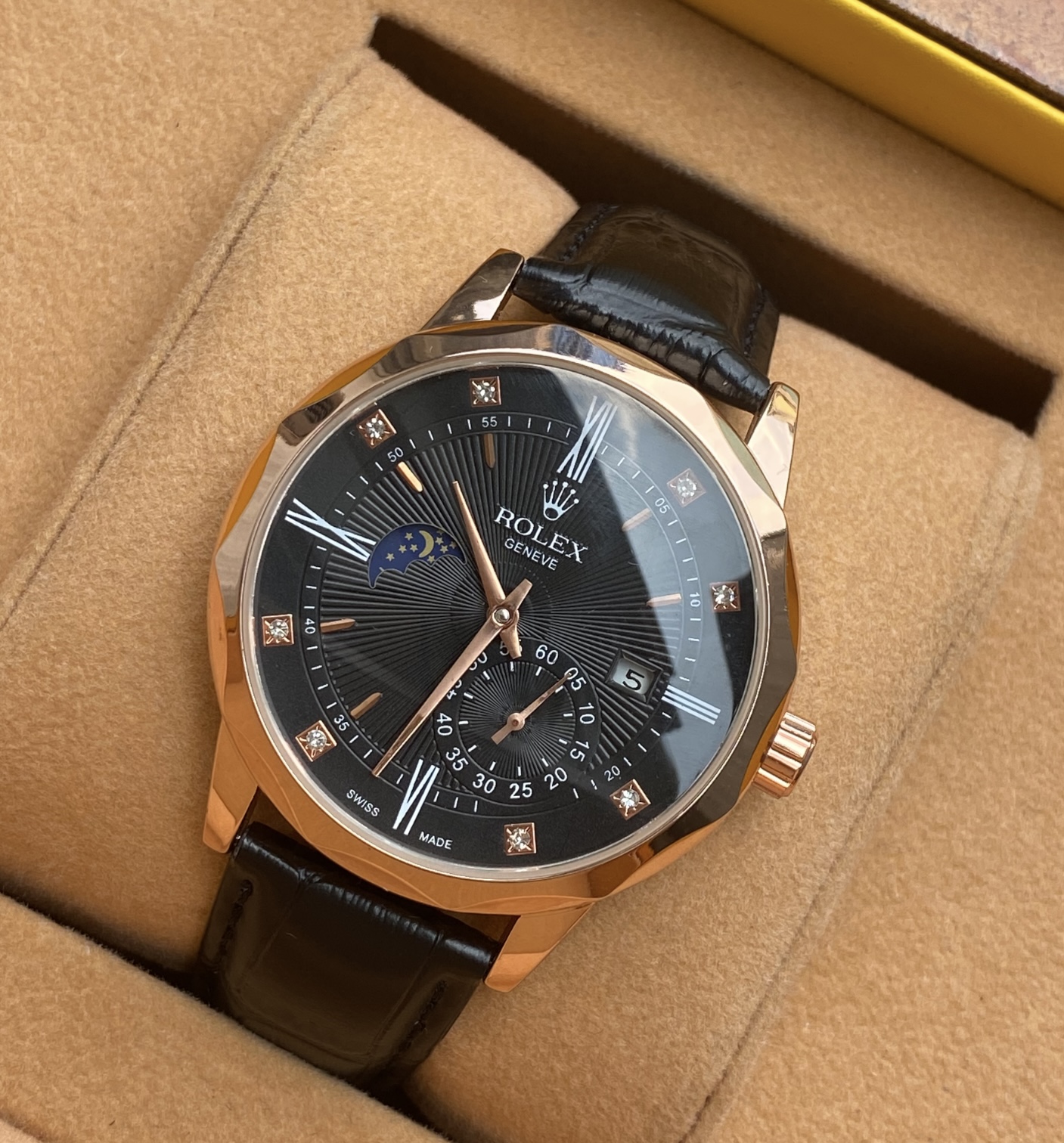 Đồng hồ nam cơ automatic cọc giờ bọc đá dây da sang trọng